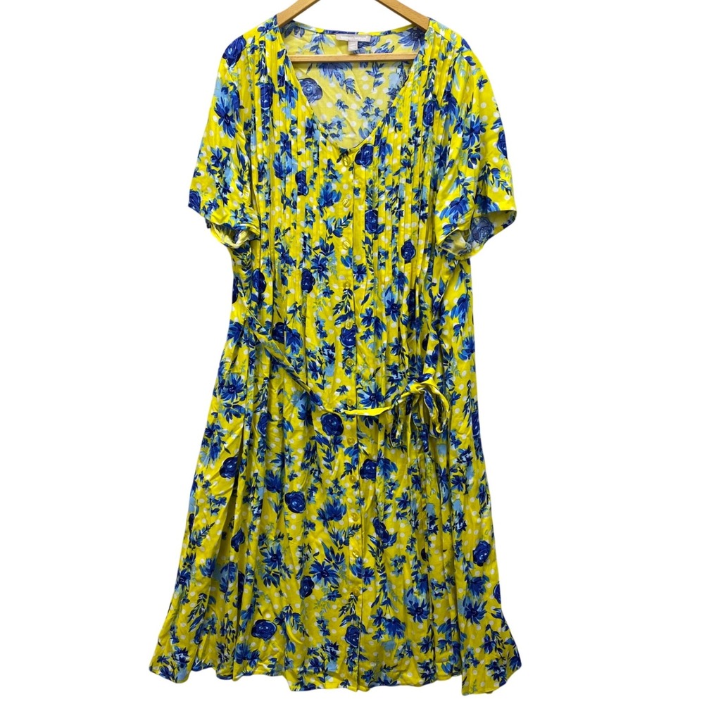 Woman Within Yellow Blue Floral Polka Dot Pintuck Button Front Midi Dress 26W